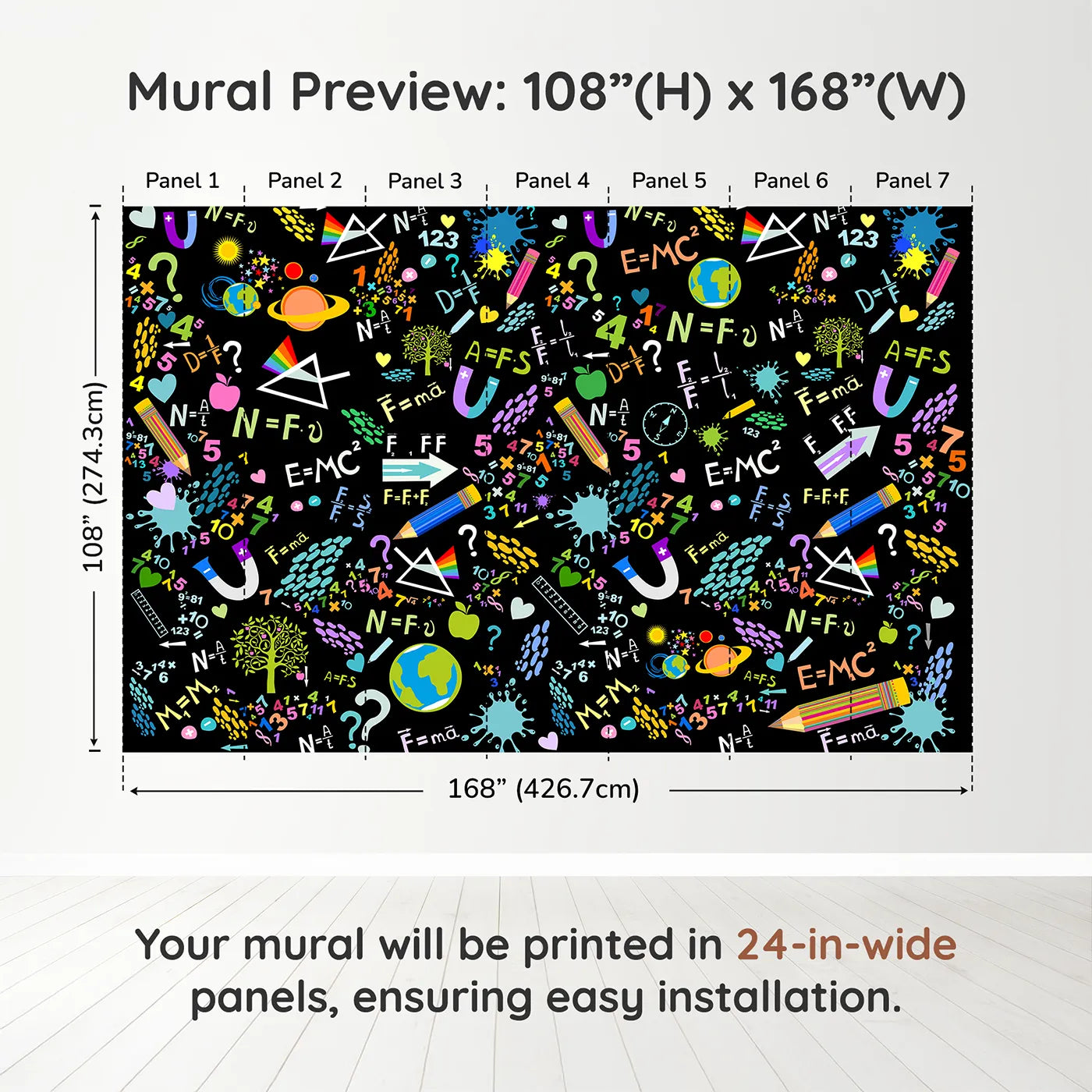 Whimsy Tots Neon Science Doodle Wall Muraldimension view (108" H x 168" W). Printed in seven 24-inch-wide panels. Gender-Neutral