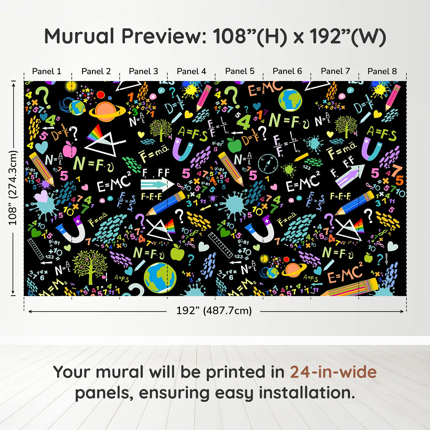 Whimsy Tots Neon Science Doodle Wall Muraldimension view (108" H x 192" W). Printed in eight 24-inch-wide panels. Gender-Neutral