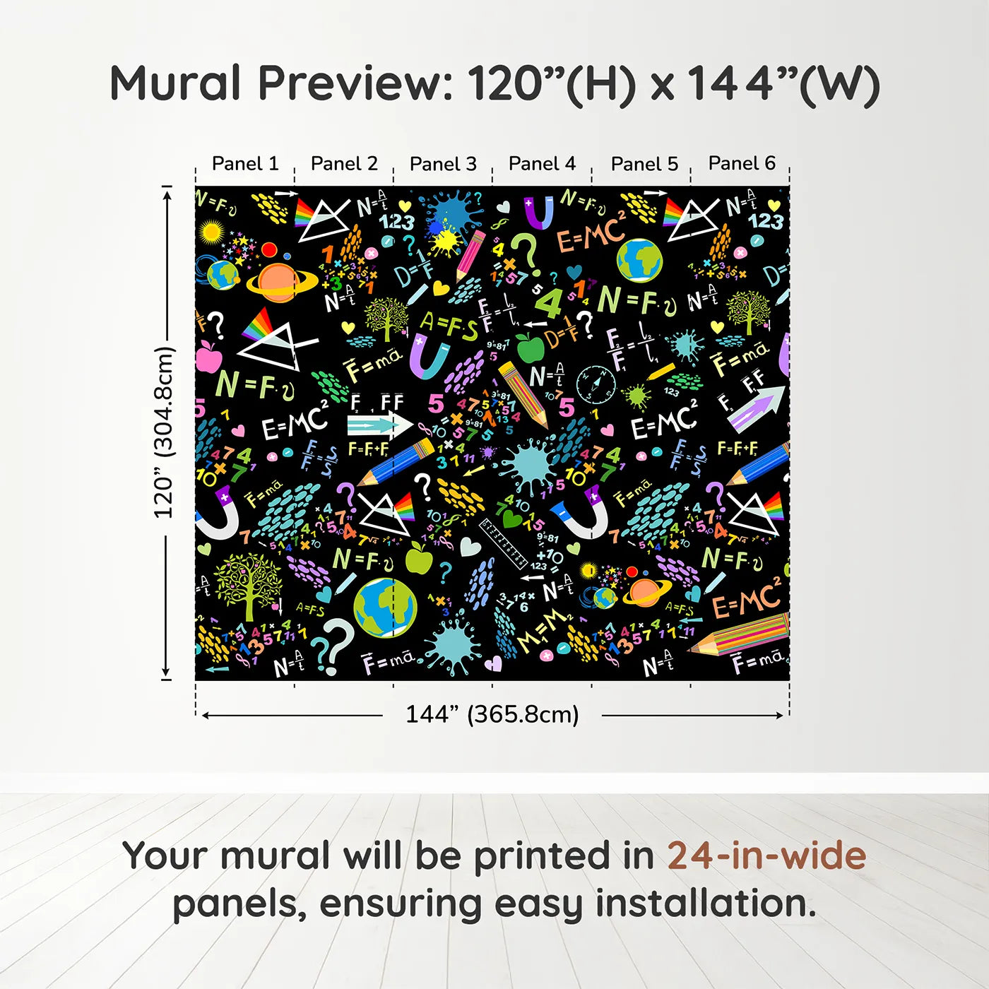 Whimsy Tots Neon Science Doodle Wall Muraldimension view (120" H x 144" W). Printed in six 24-inch-wide panels. Gender-Neutral
