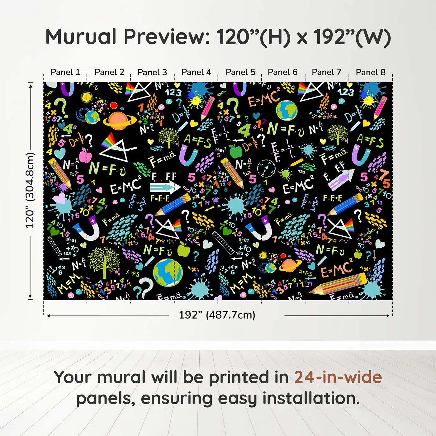 Whimsy Tots Neon Science Doodle Wall Muraldimension view (120" H x 192" W). Printed in eight 24-inch-wide panels. Gender-Neutral