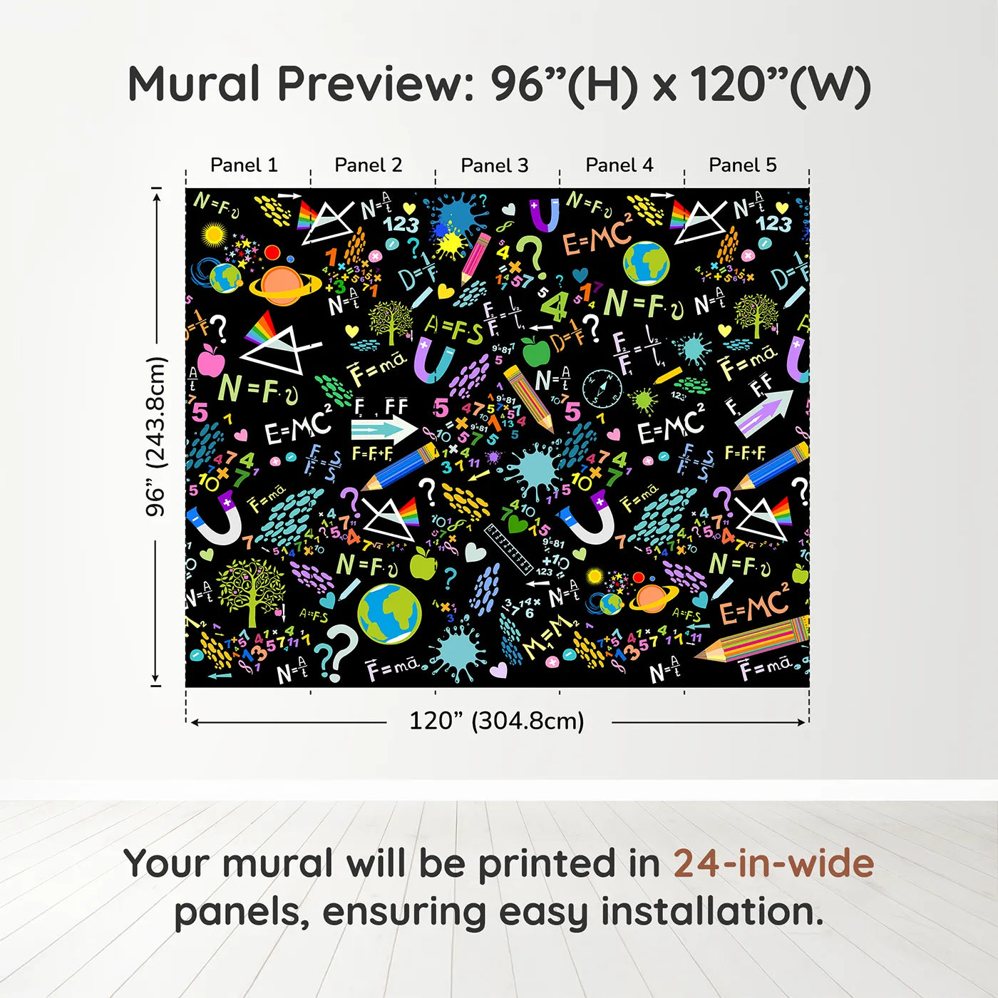 Whimsy Tots Neon Science Doodle Wall Muraldimension view (96" H x 120" W). Printed in five 24-inch-wide panels. Gender-Neutral