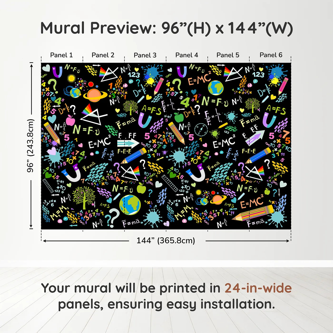 Whimsy Tots Neon Science Doodle Wall Muraldimension view (96" H x 144" W). Printed in six 24-inch-wide panels. Gender-Neutral