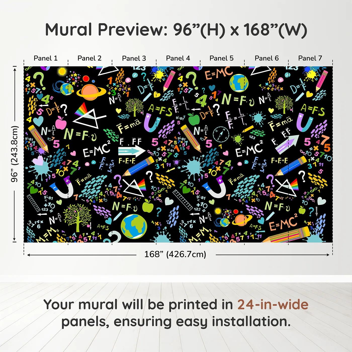 Whimsy Tots Neon Science Doodle Wall Muraldimension view (96" H x 168" W). Printed in seven 24-inch-wide panels. Gender-Neutral