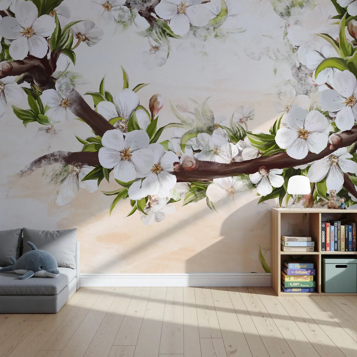 Front view of Whimsy Tots' Painterly Apple Blossom Wall Mural