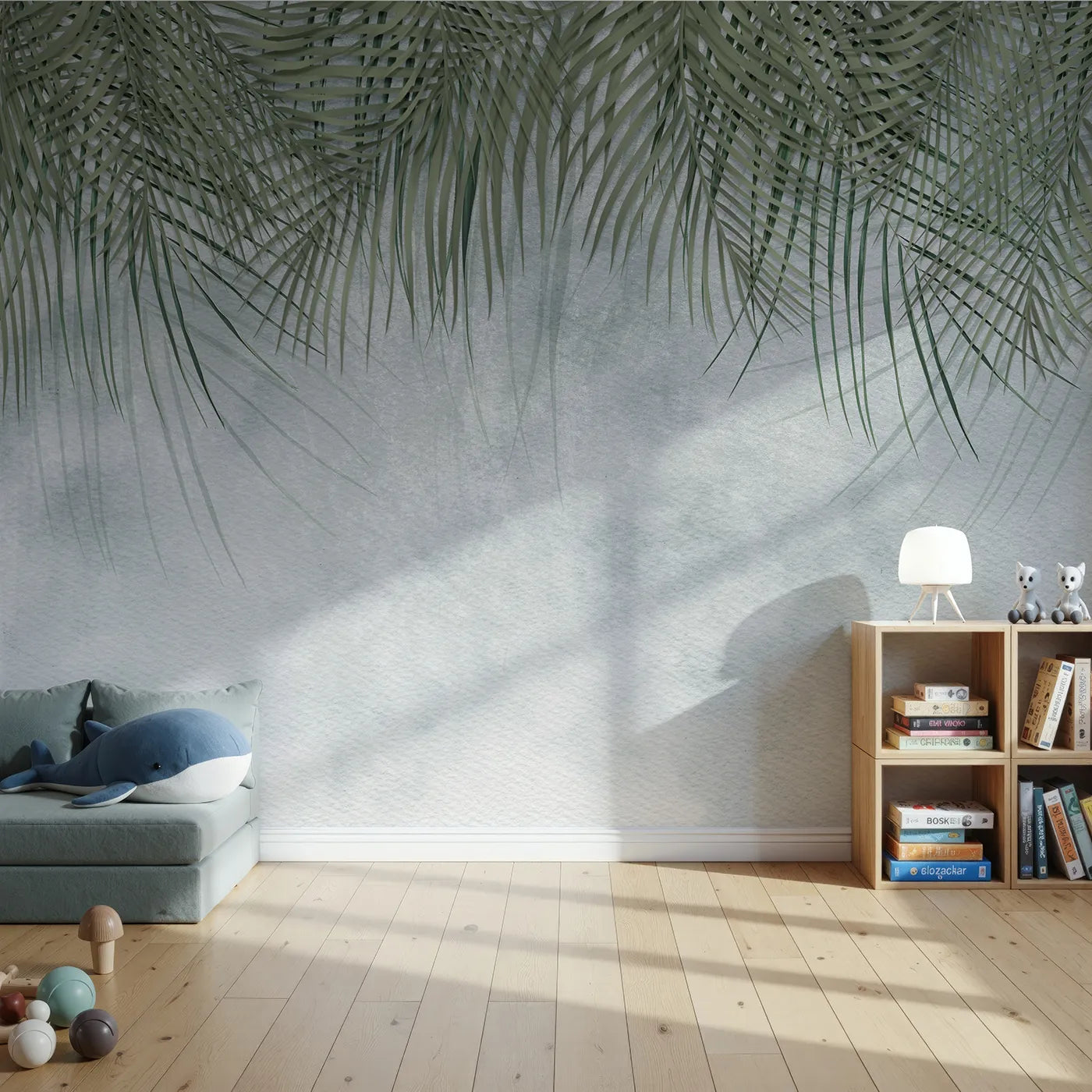 Front view of Whimsy Tots' Misty Palm Canopy Wall Mural
