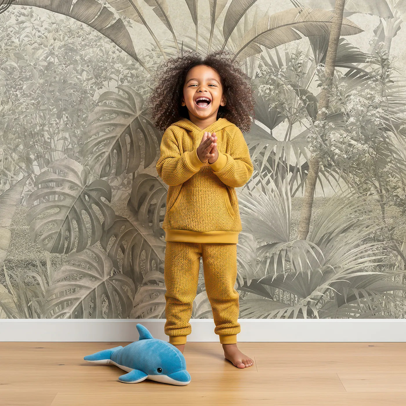 Child in front of Whimsy Tots Vintage Sepia Jungle Wall Mural with jungle, tropical, vintage, sepia, mist, forest, palm tree, deer in design.