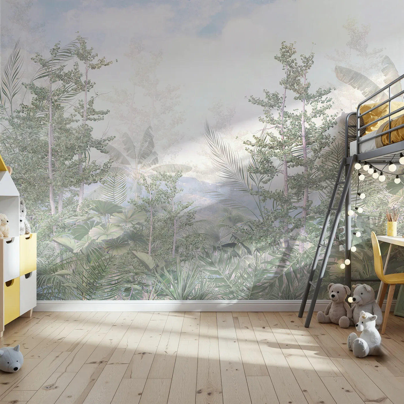 Front view of Whimsy Tots' Misty Jungle Heights Wall Mural
