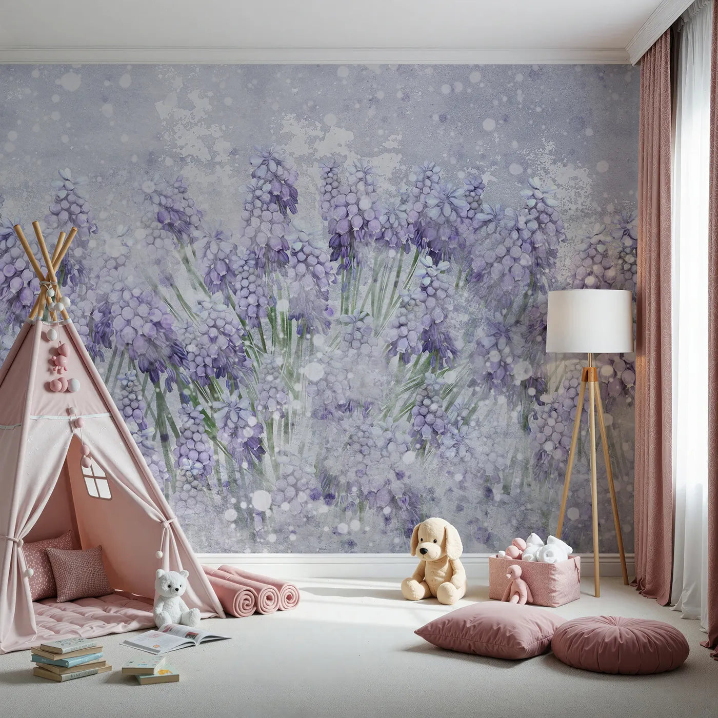 Front view of Whimsy Tots' Snowy Hyacinth Field Wall Mural
