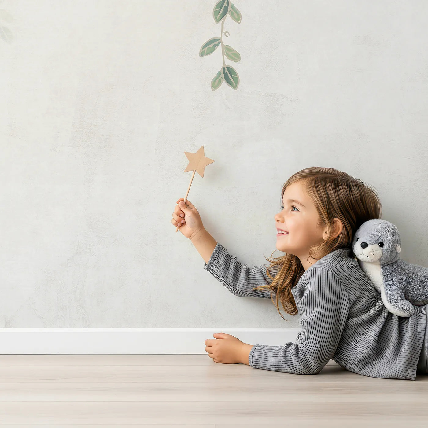 Child in front of Whimsy Tots Hanging Vines Wall Mural with vine, leaf, hanging, green, botanical, simple, modern, nature in design.