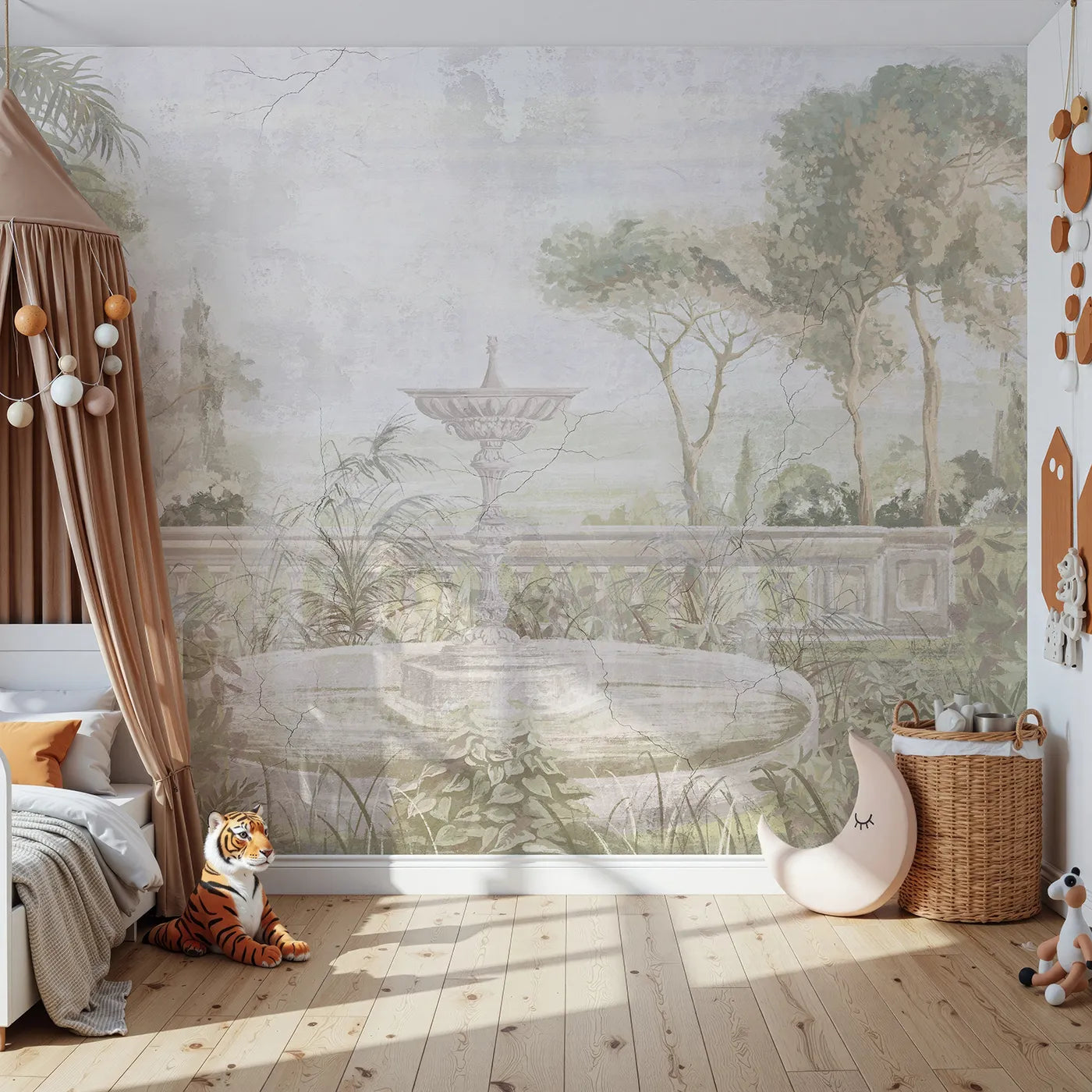 Front view of Whimsy Tots' Forgotten Garden Fountain Wall Mural