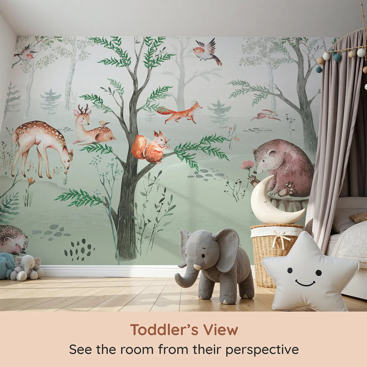 Whimsy Tots Watercolor Woodland Gathering Wall Mural (Turn Their Room into a Charming Forest Friendship Circle) from your child's view.Gender-Neutral