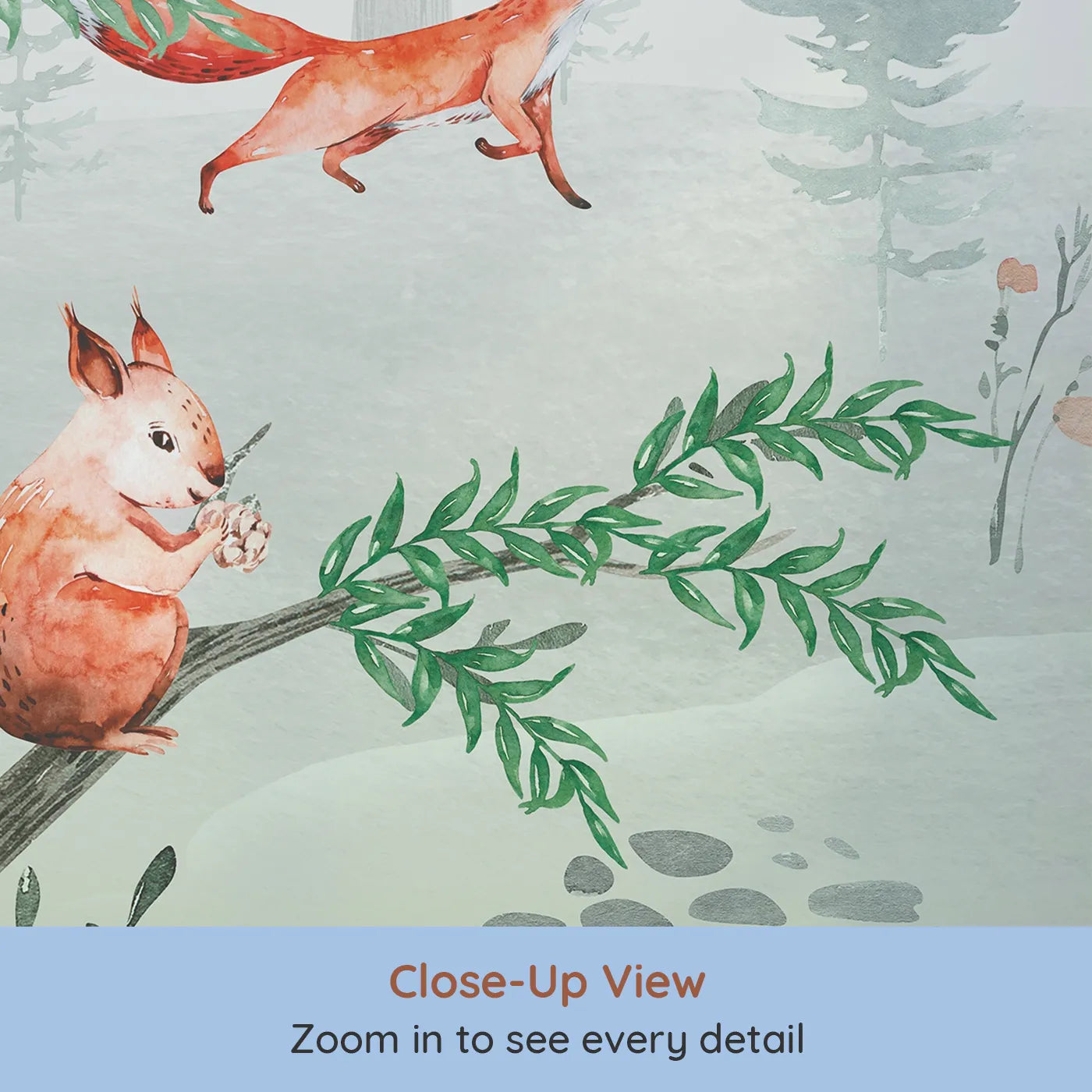 Close-up view of Whimsy Tots' Watercolor Woodland Gathering Wall Mural (Turn Their Room into a Charming Forest Friendship Circle).Gender-Neutral