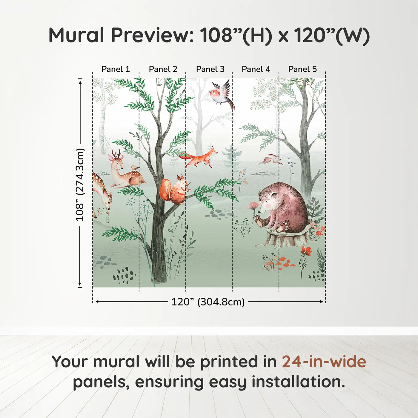 Whimsy Tots Watercolor Woodland Gathering Wall Muraldimension view (108" H x 120" W). Printed in five 24-inch-wide panels. Gender-Neutral