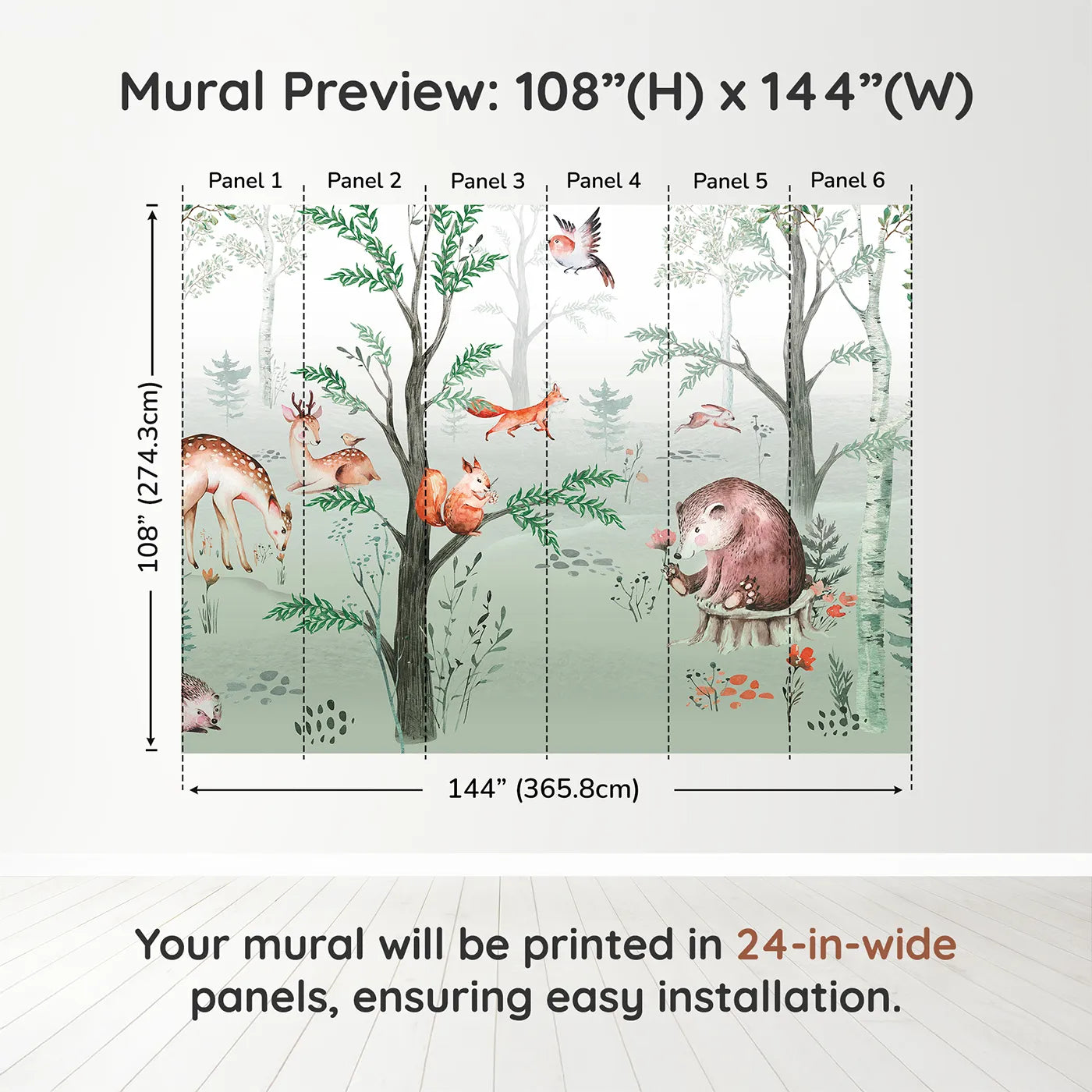 Whimsy Tots Watercolor Woodland Gathering Wall Muraldimension view (108" H x 144" W). Printed in six 24-inch-wide panels. Gender-Neutral