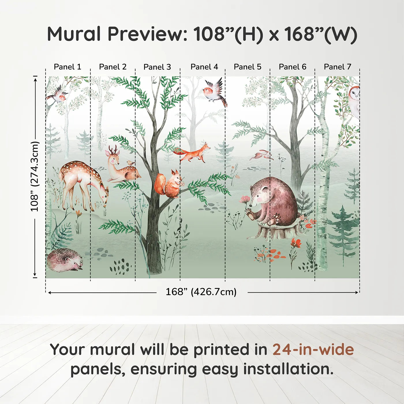 Whimsy Tots Watercolor Woodland Gathering Wall Muraldimension view (108" H x 168" W). Printed in seven 24-inch-wide panels. Gender-Neutral