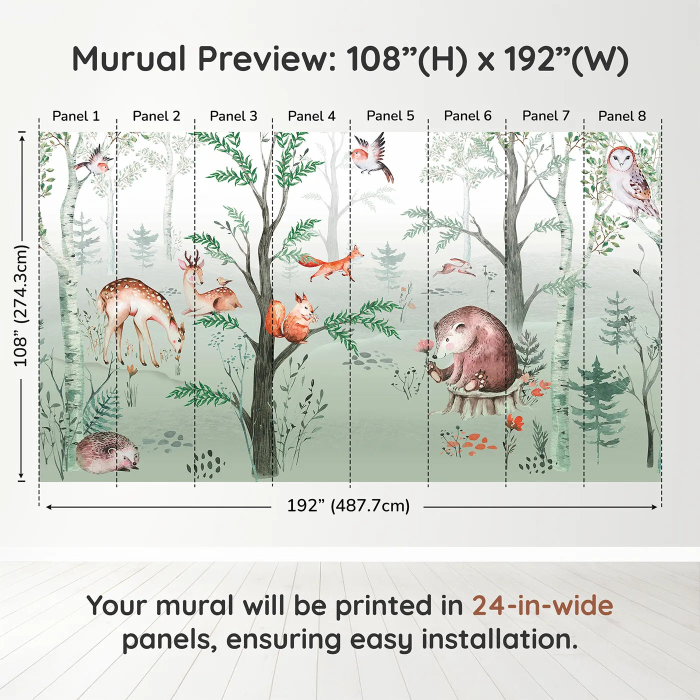 Whimsy Tots Watercolor Woodland Gathering Wall Muraldimension view (108" H x 192" W). Printed in eight 24-inch-wide panels. Gender-Neutral