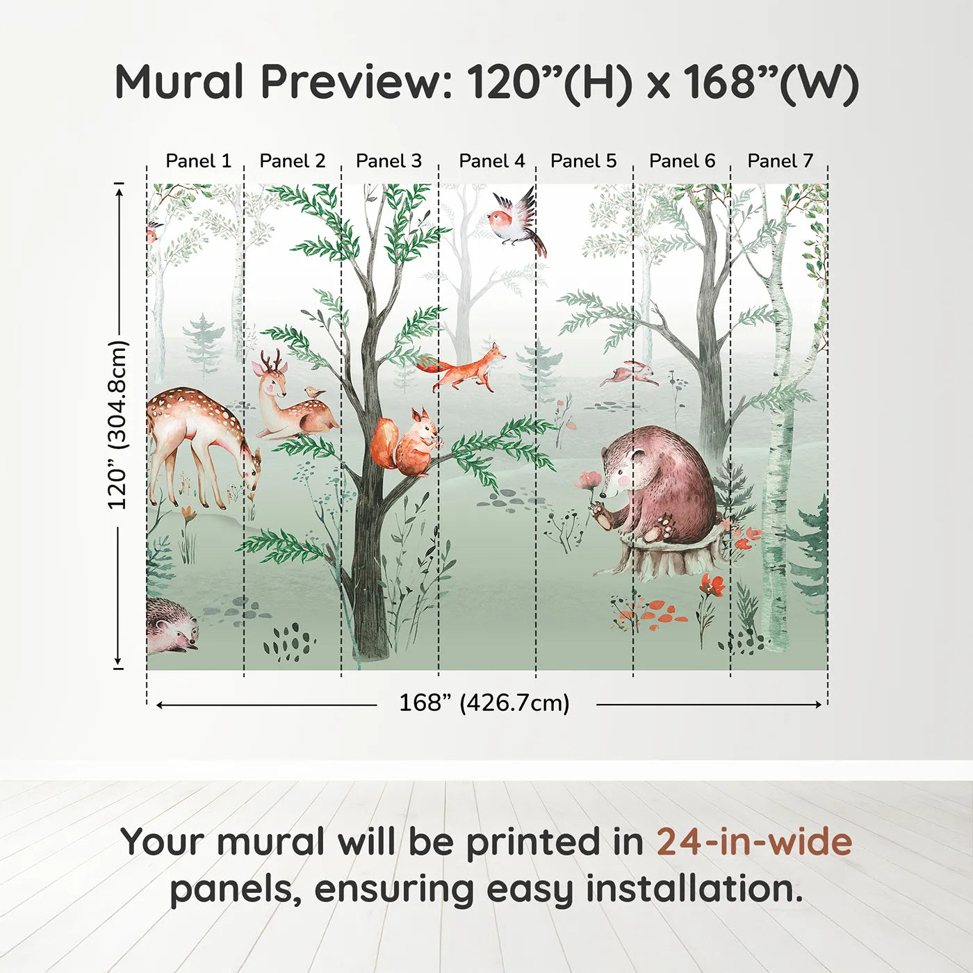 Whimsy Tots Watercolor Woodland Gathering Wall Muraldimension view (120" H x 168" W). Printed in seven 24-inch-wide panels. Gender-Neutral