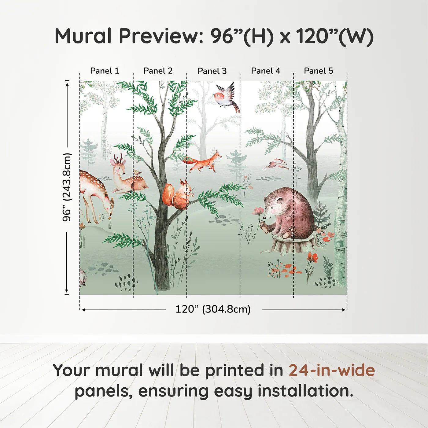 Whimsy Tots Watercolor Woodland Gathering Wall Muraldimension view (96" H x 120" W). Printed in five 24-inch-wide panels. Gender-Neutral