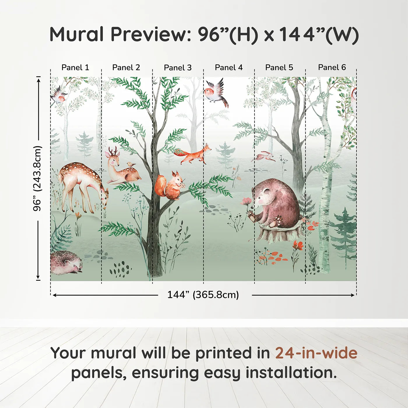 Whimsy Tots Watercolor Woodland Gathering Wall Muraldimension view (96" H x 144" W). Printed in six 24-inch-wide panels. Gender-Neutral