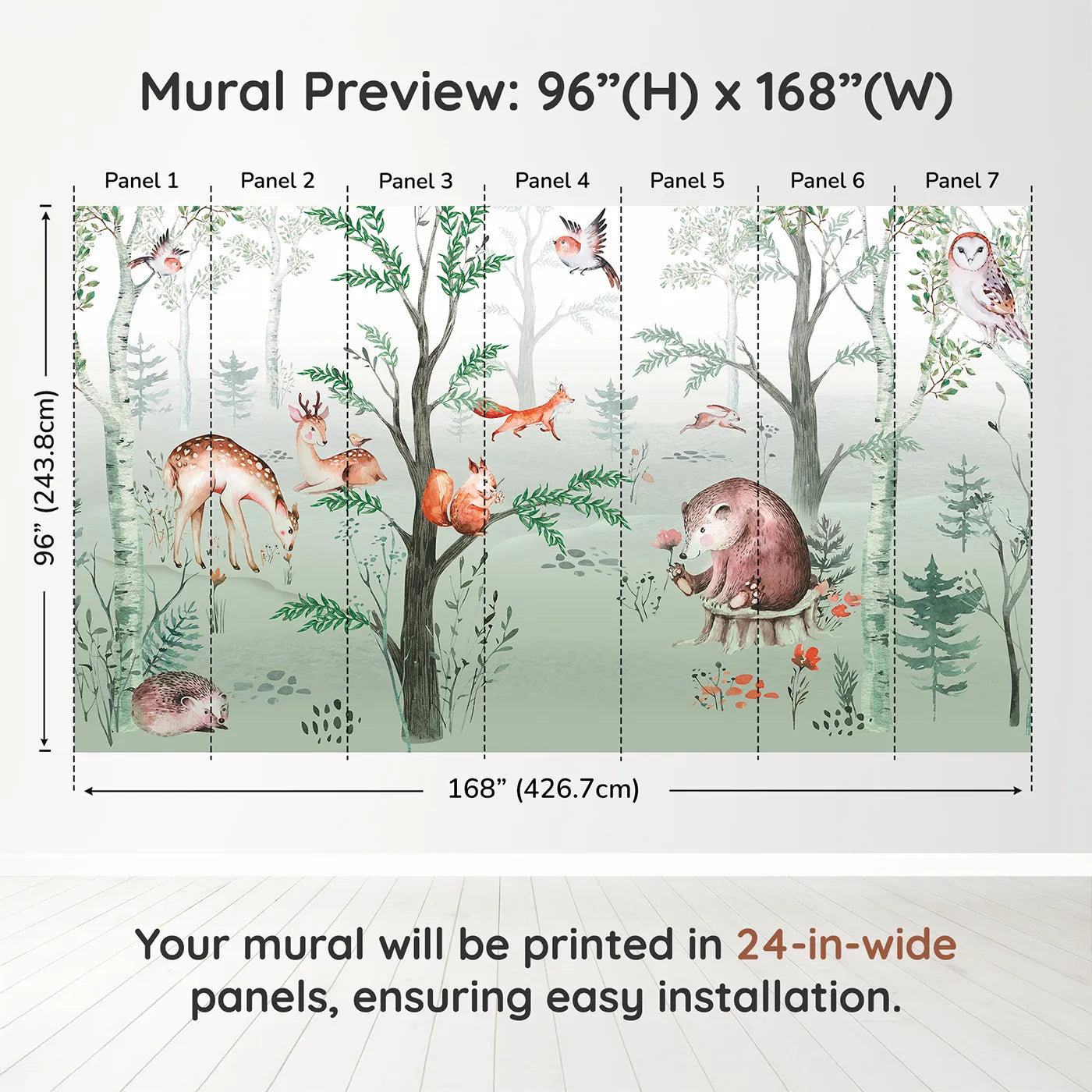 Whimsy Tots Watercolor Woodland Gathering Wall Muraldimension view (96" H x 168" W). Printed in seven 24-inch-wide panels. Gender-Neutral