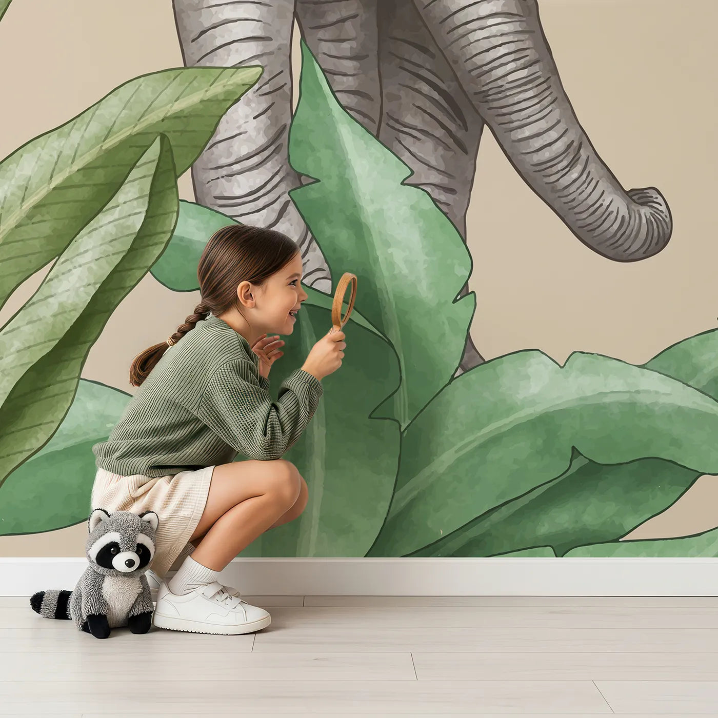Child in front of Whimsy Tots Safari Friends Portrait Wall Mural with safari, animal, elephant, zebra, giraffe, jungle, tropical, realistic in design.