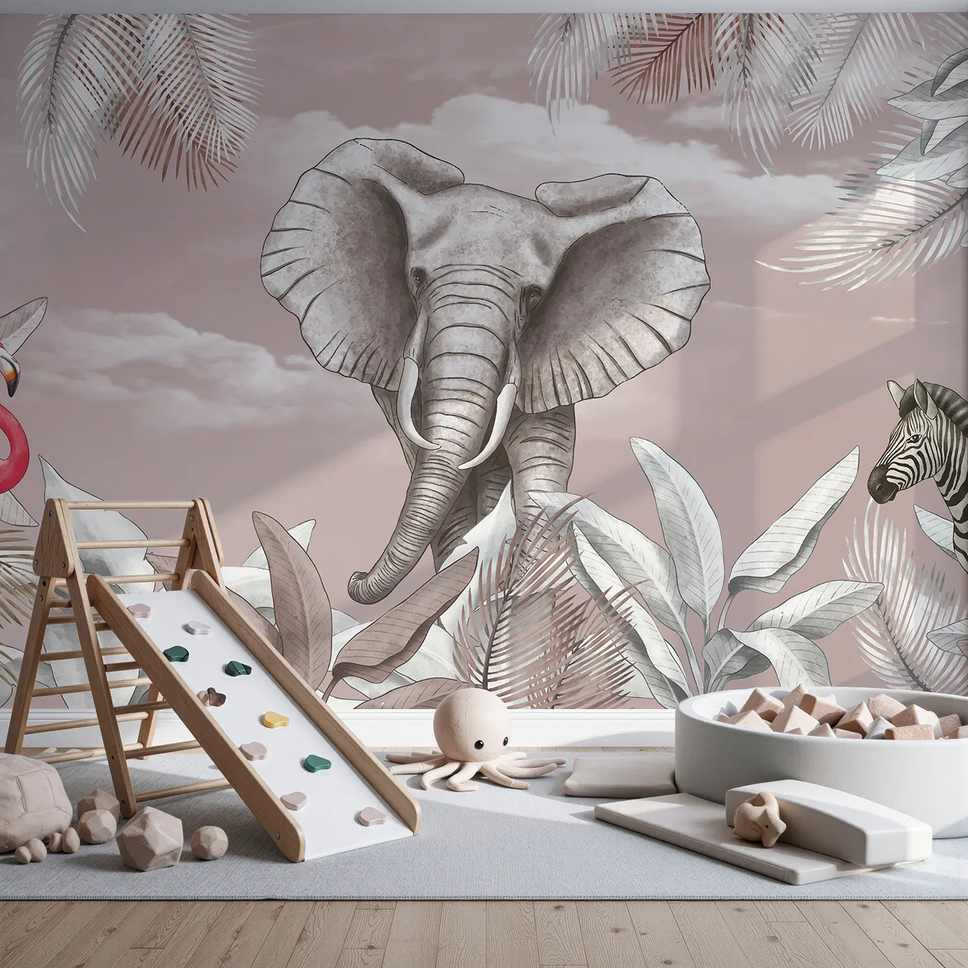 Front view of Whimsy Tots' Dusty Rose Safari Wall Mural