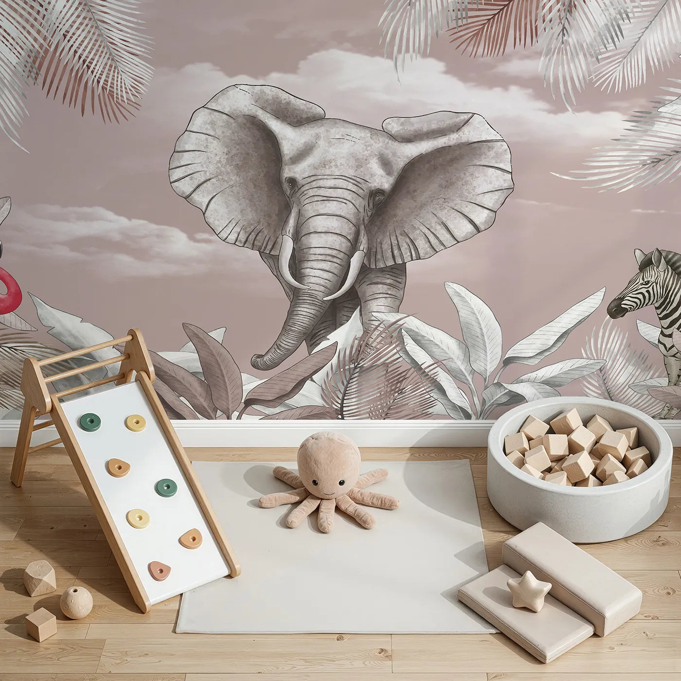 Top-down view of Whimsy Tots' Dusty Rose Safari Wall Mural (Turn Their Room into a Chic and Stylish Safari).Best for Girls