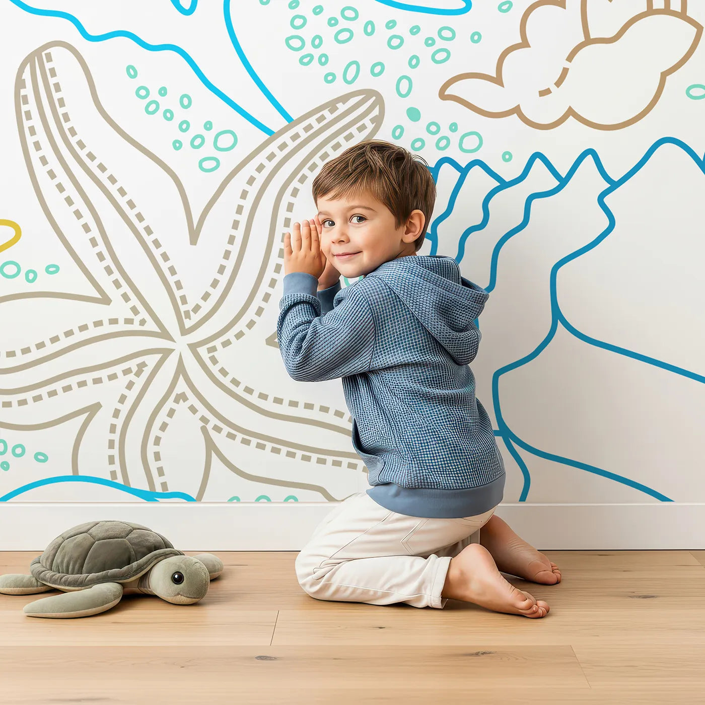 Child in front of Whimsy Tots Seashell Sketch Wall Mural with seashell, starfish, beach, ocean, sea, sketch, line art, coastal in design.