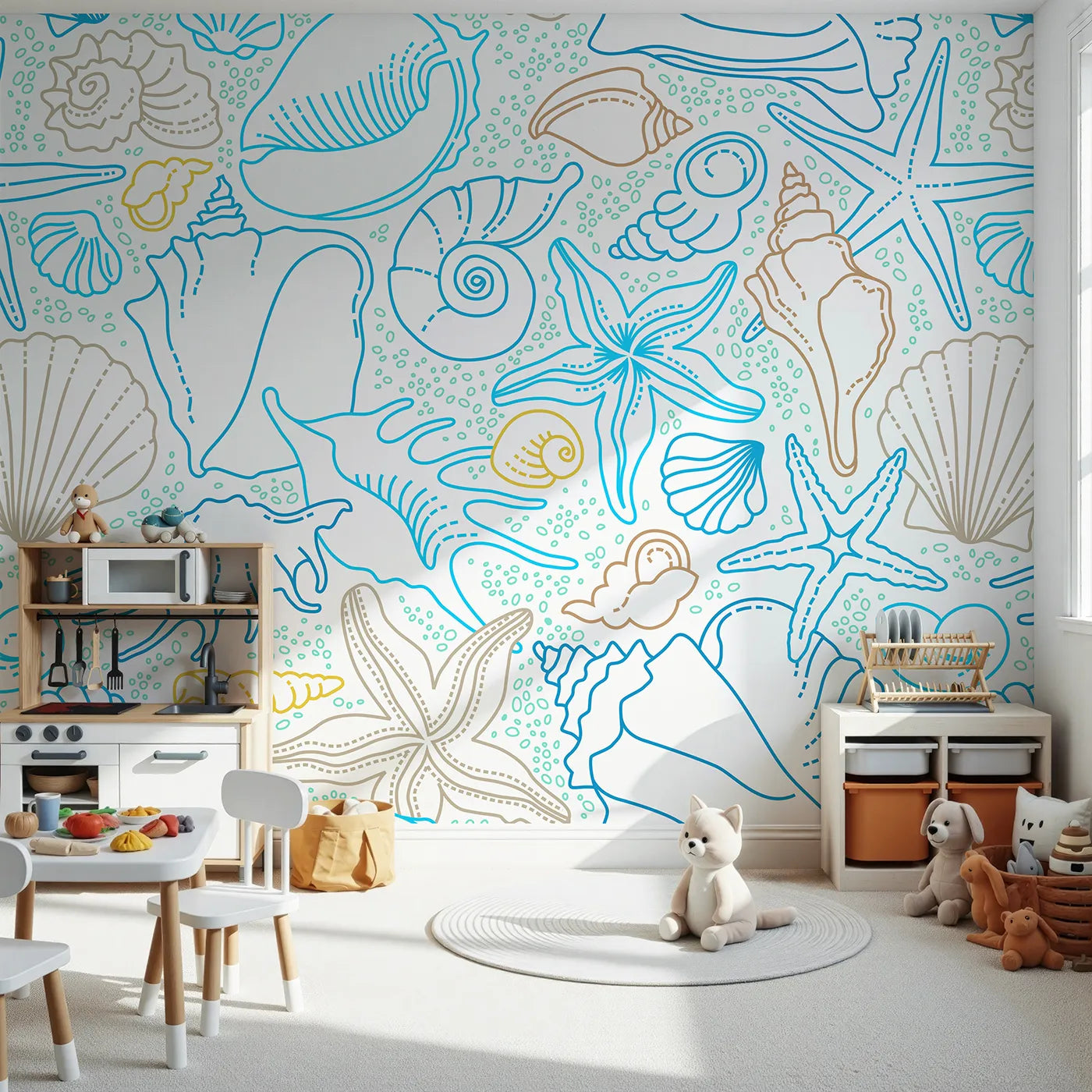 Front view of Whimsy Tots' Seashell Sketch Wall Mural
