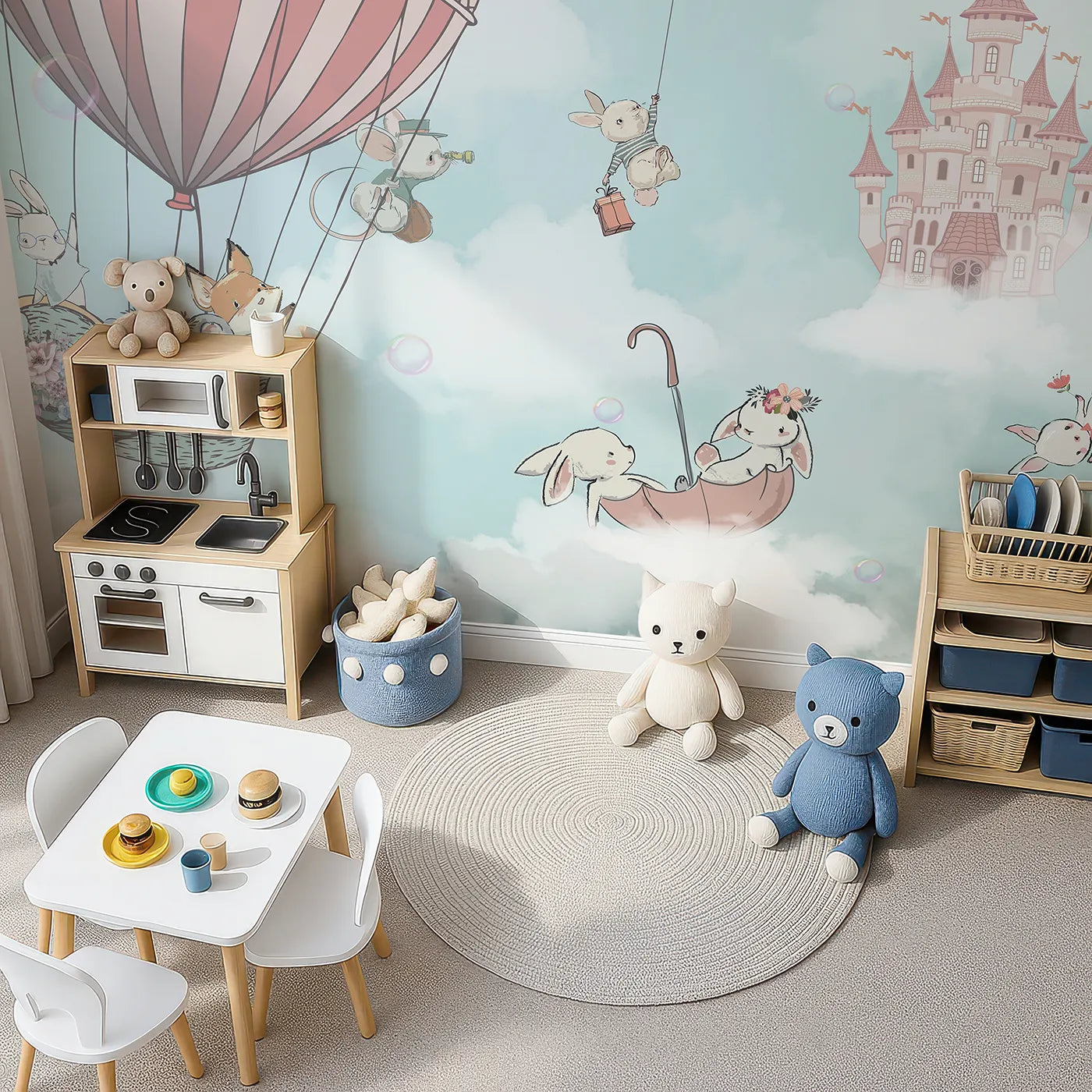 Top-down view of Whimsy Tots' Sky High Friends Wall Mural in Blue (Turn Their Room into a Sweet Fairytale Adventure).Best for Girls