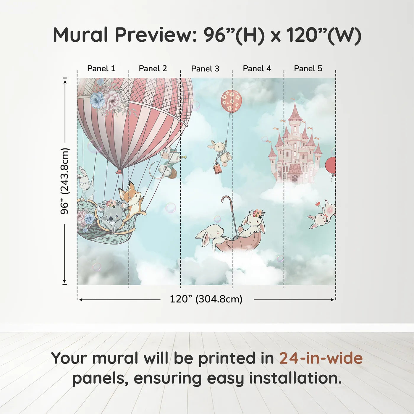 Whimsy Tots Sky High Friends Wall Mural in Bluedimension view (96" H x 120" W). Printed in five 24-inch-wide panels. Best for Girls