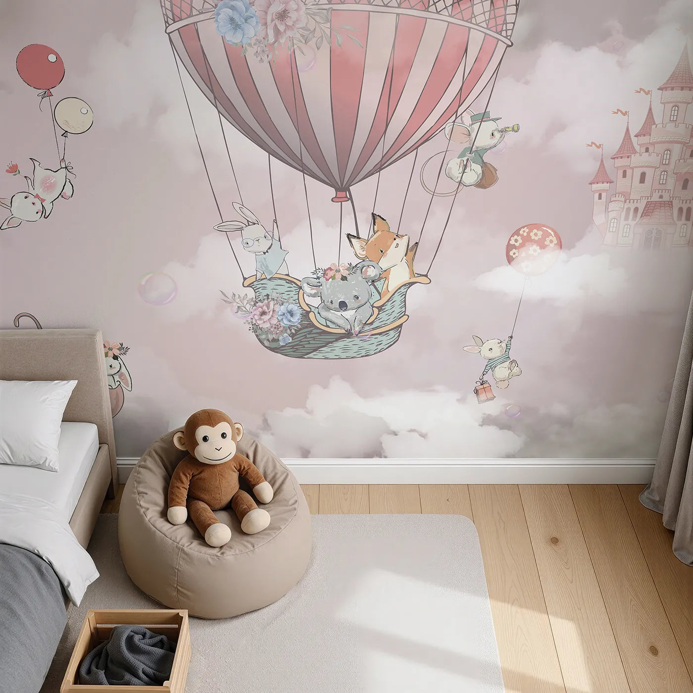 Top-down view of Whimsy Tots' Sky High Friends Wall Mural in Pink (Turn Their Room into a Sweet Fairytale Adventure).Best for Girls