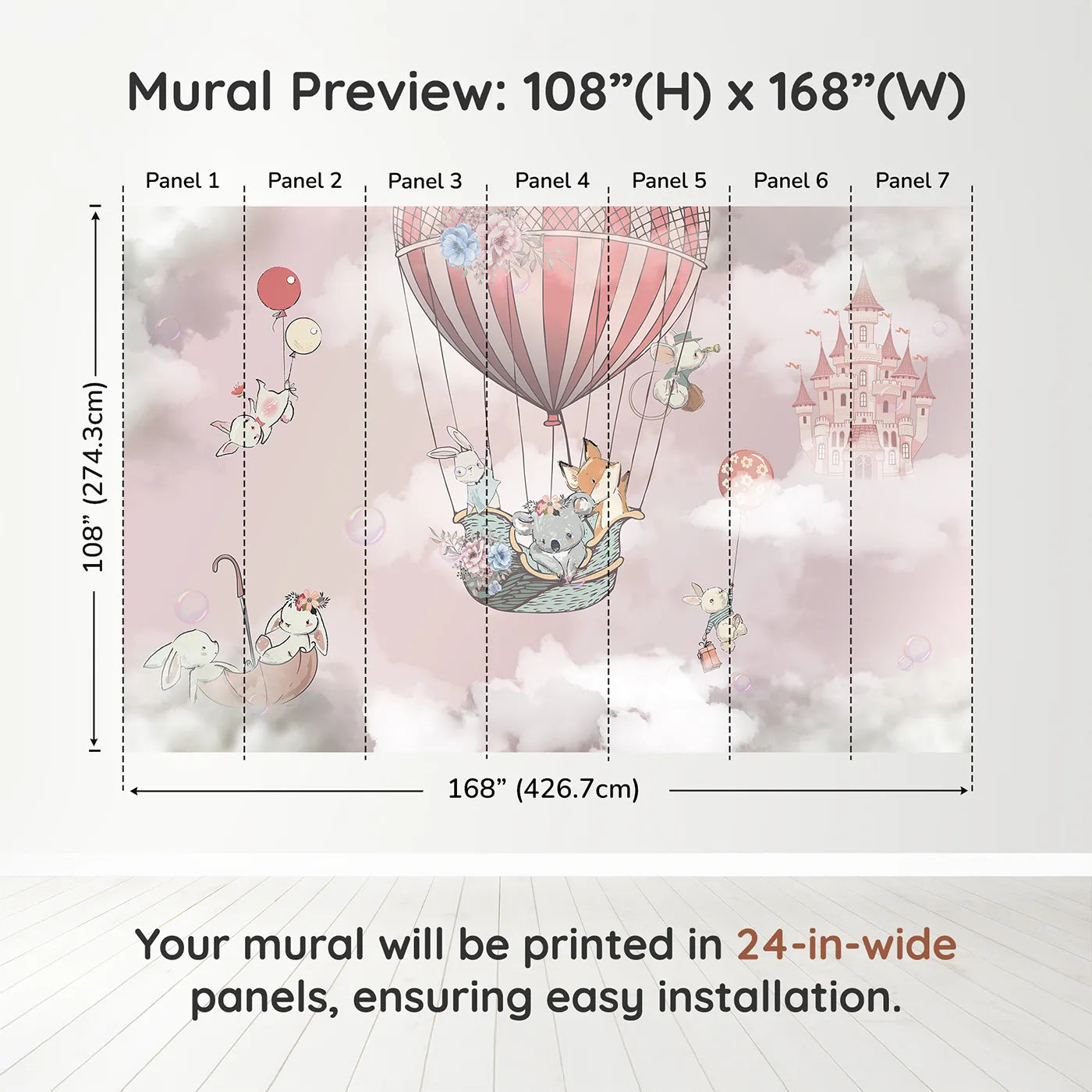 Whimsy Tots Sky High Friends Wall Mural in Pinkdimension view (108" H x 168" W). Printed in seven 24-inch-wide panels. Best for Girls