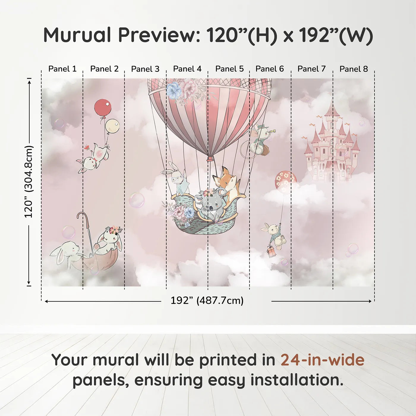 Whimsy Tots Sky High Friends Wall Mural in Pinkdimension view (120" H x 192" W). Printed in eight 24-inch-wide panels. Best for Girls