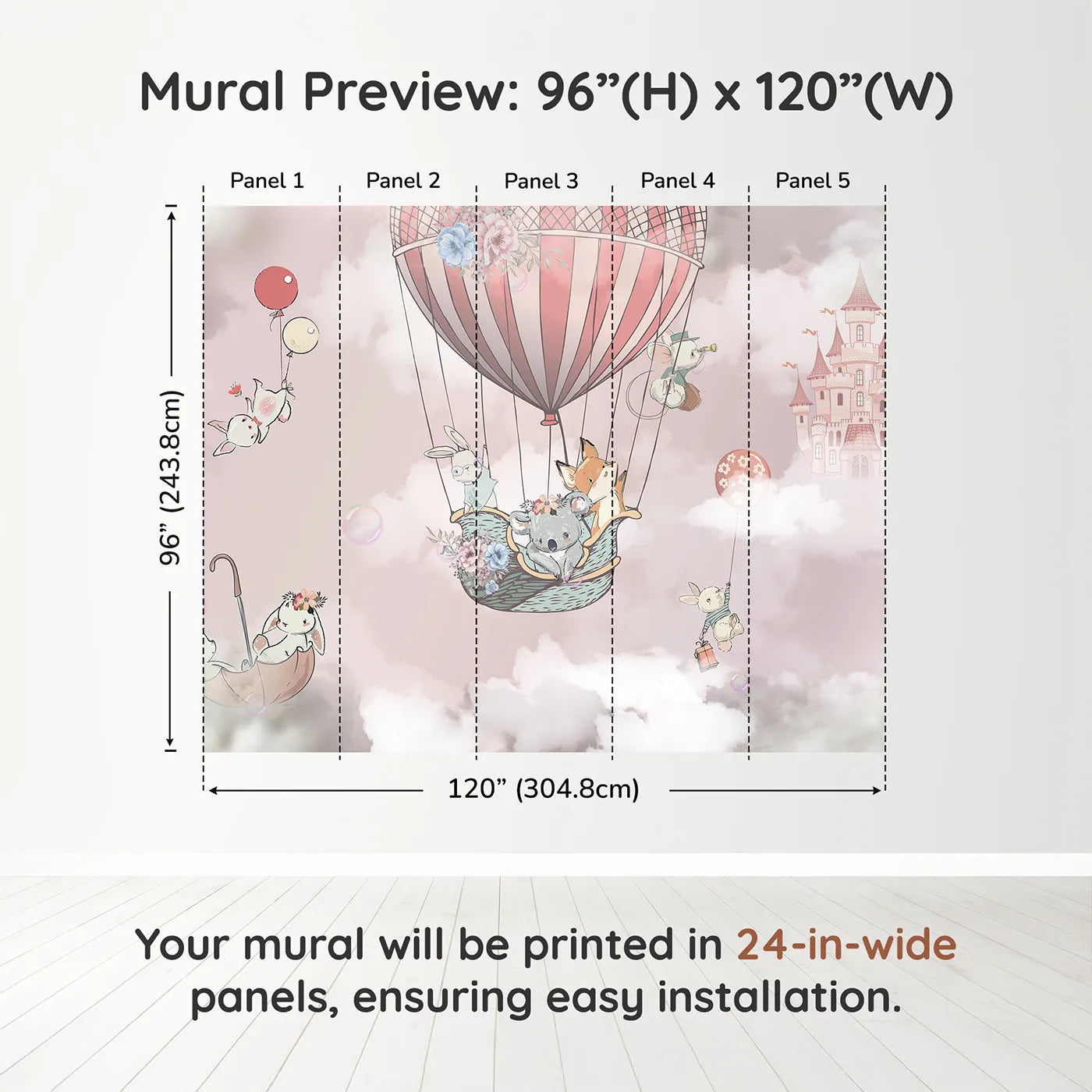 Whimsy Tots Sky High Friends Wall Mural in Pinkdimension view (96" H x 120" W). Printed in five 24-inch-wide panels. Best for Girls