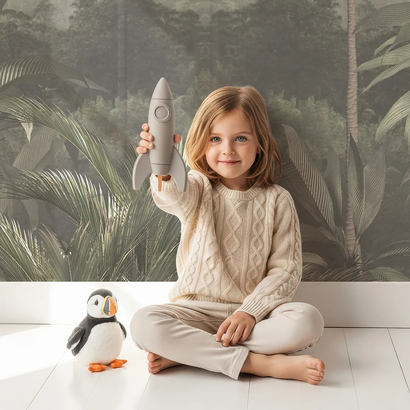 Child in front of Whimsy Tots Misty Jungle Canopy Wall Mural with jungle, mist, fog, tropical, forest, palm tree, realistic, green in design.