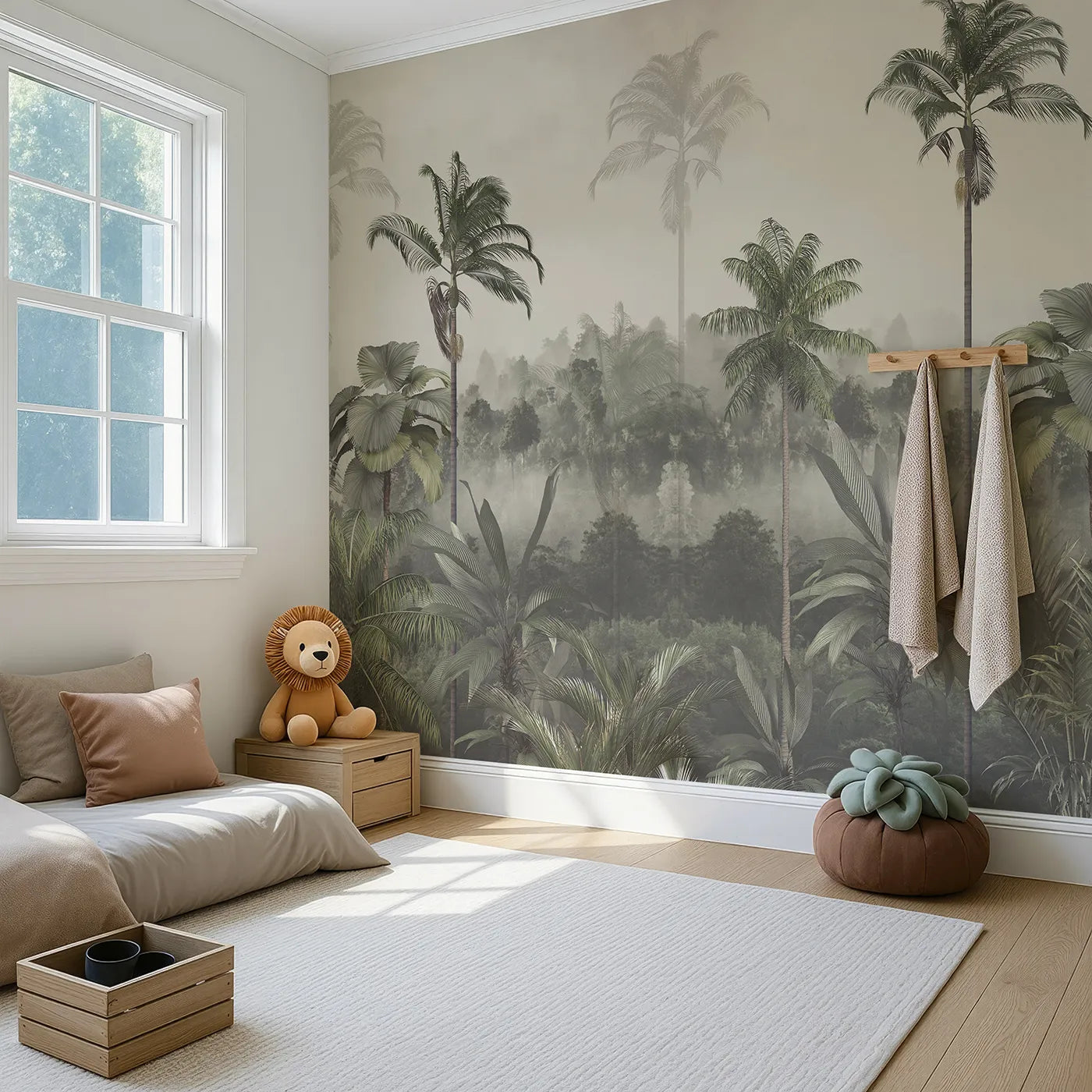 Angled view of Whimsy Tots' Misty Jungle Canopy Wall Mural (Turn Their Room into a Deep and Foggy Rainforest).Gender-Neutral