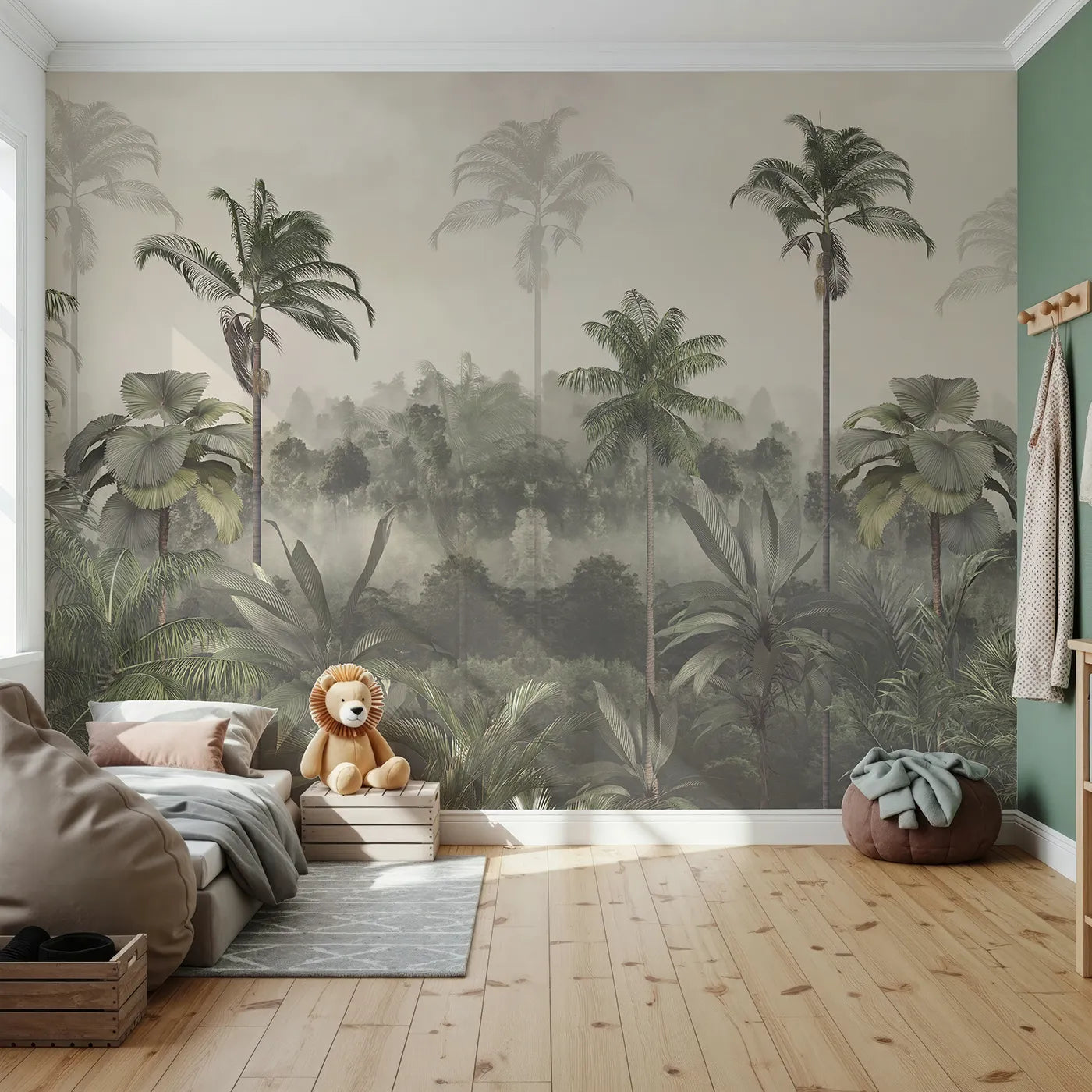 Front view of Whimsy Tots' Misty Jungle Canopy Wall Mural