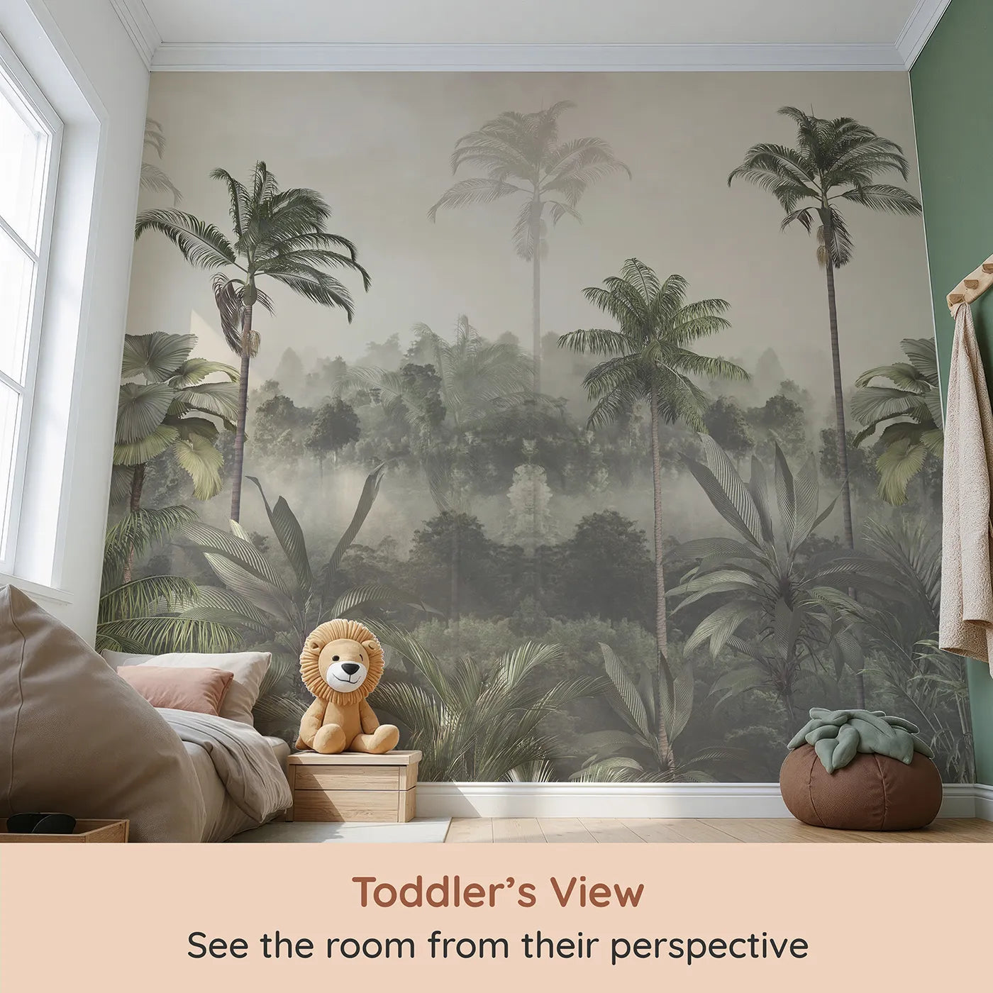 Whimsy Tots Misty Jungle Canopy Wall Mural (Turn Their Room into a Deep and Foggy Rainforest) from your child's view.Gender-Neutral