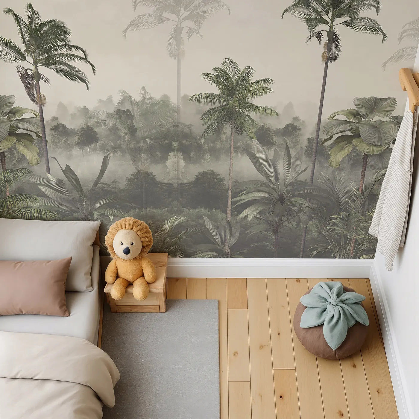 Top-down view of Whimsy Tots' Misty Jungle Canopy Wall Mural (Turn Their Room into a Deep and Foggy Rainforest).Gender-Neutral