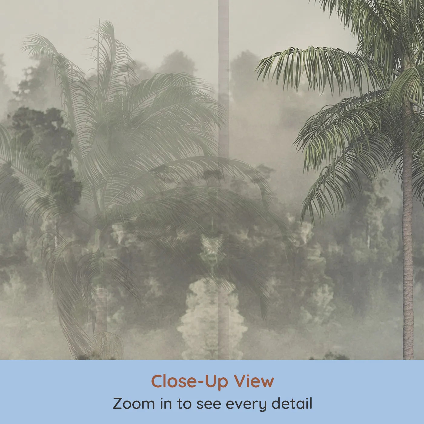 Close-up view of Whimsy Tots' Misty Jungle Canopy Wall Mural (Turn Their Room into a Deep and Foggy Rainforest).Gender-Neutral
