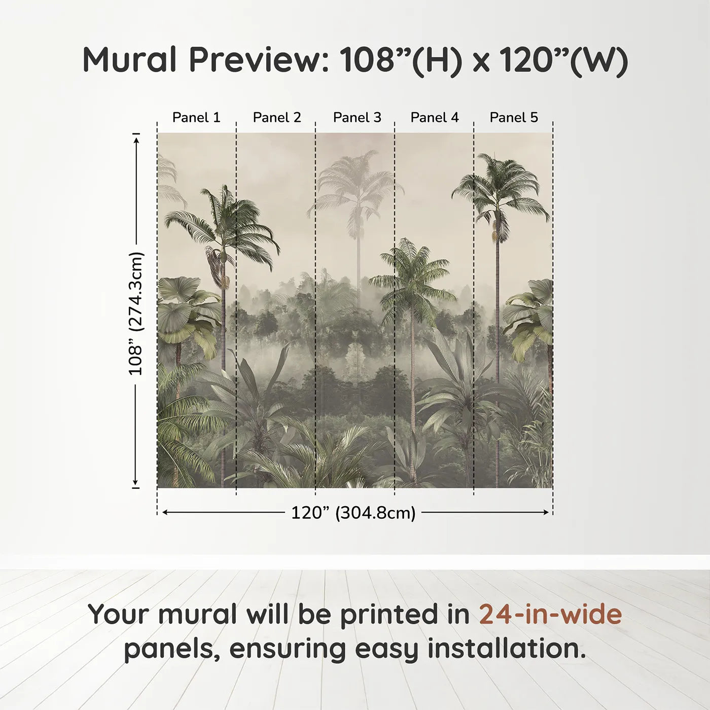 Whimsy Tots Misty Jungle Canopy Wall Muraldimension view (108" H x 120" W). Printed in five 24-inch-wide panels. Gender-Neutral