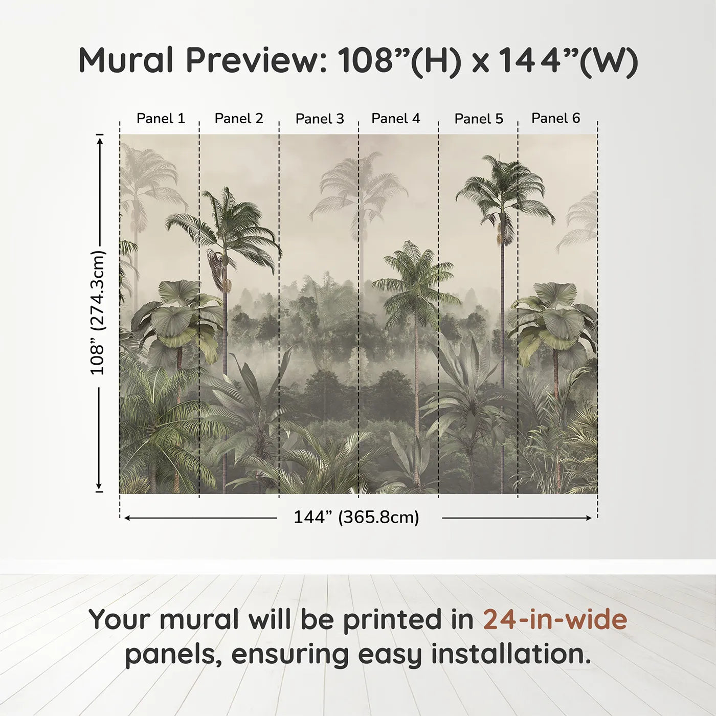 Whimsy Tots Misty Jungle Canopy Wall Muraldimension view (108" H x 144" W). Printed in six 24-inch-wide panels. Gender-Neutral