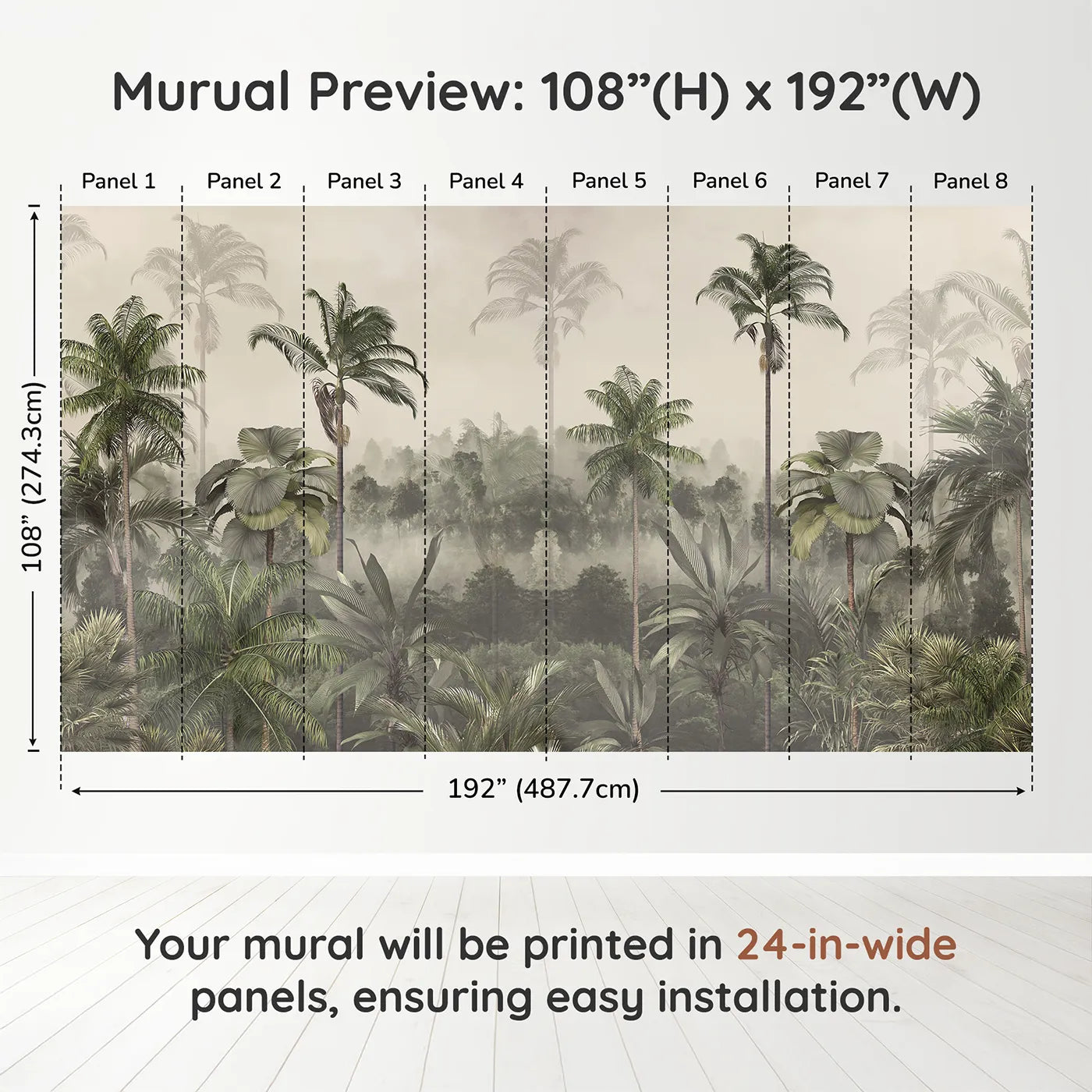 Whimsy Tots Misty Jungle Canopy Wall Muraldimension view (108" H x 192" W). Printed in eight 24-inch-wide panels. Gender-Neutral