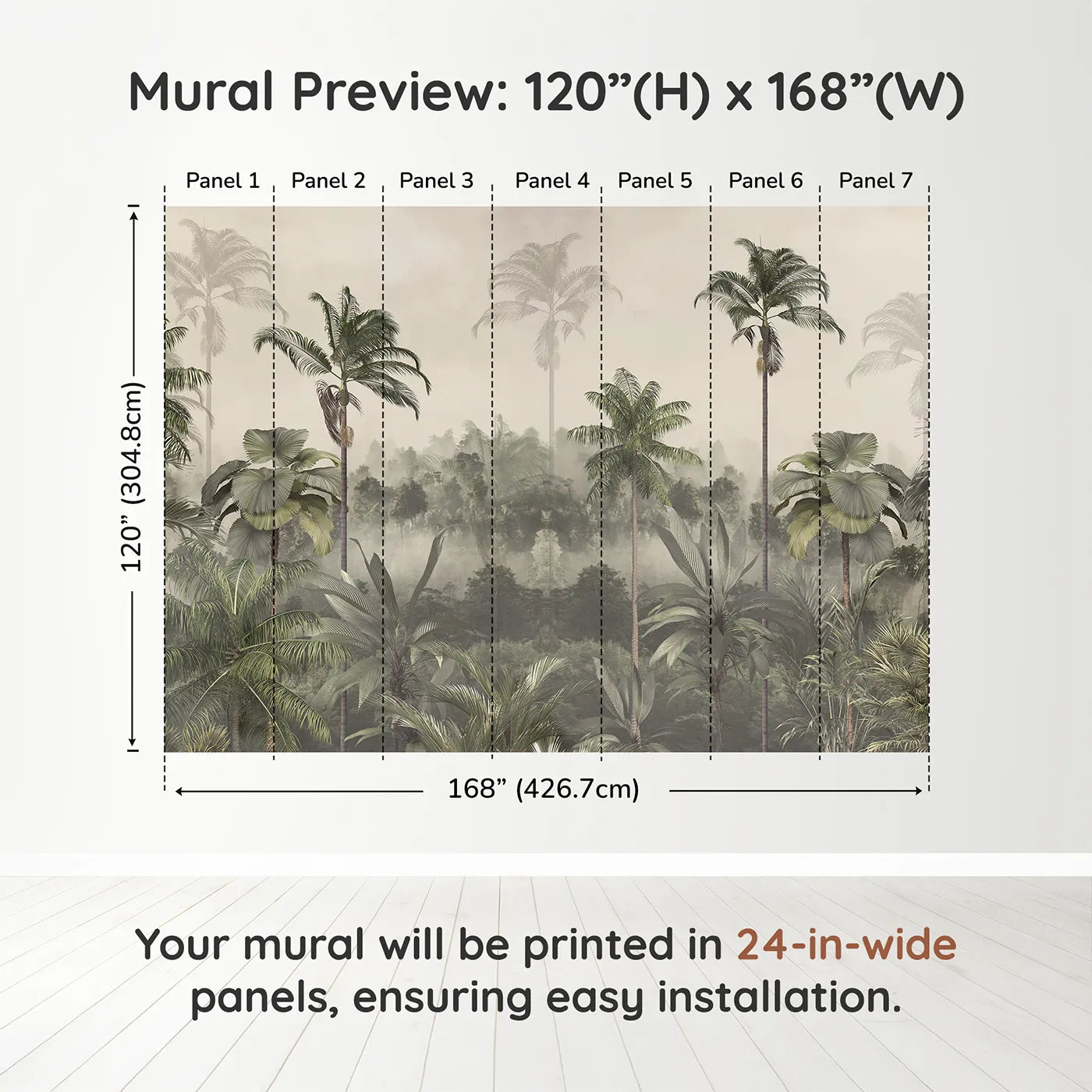 Whimsy Tots Misty Jungle Canopy Wall Muraldimension view (120" H x 168" W). Printed in seven 24-inch-wide panels. Gender-Neutral