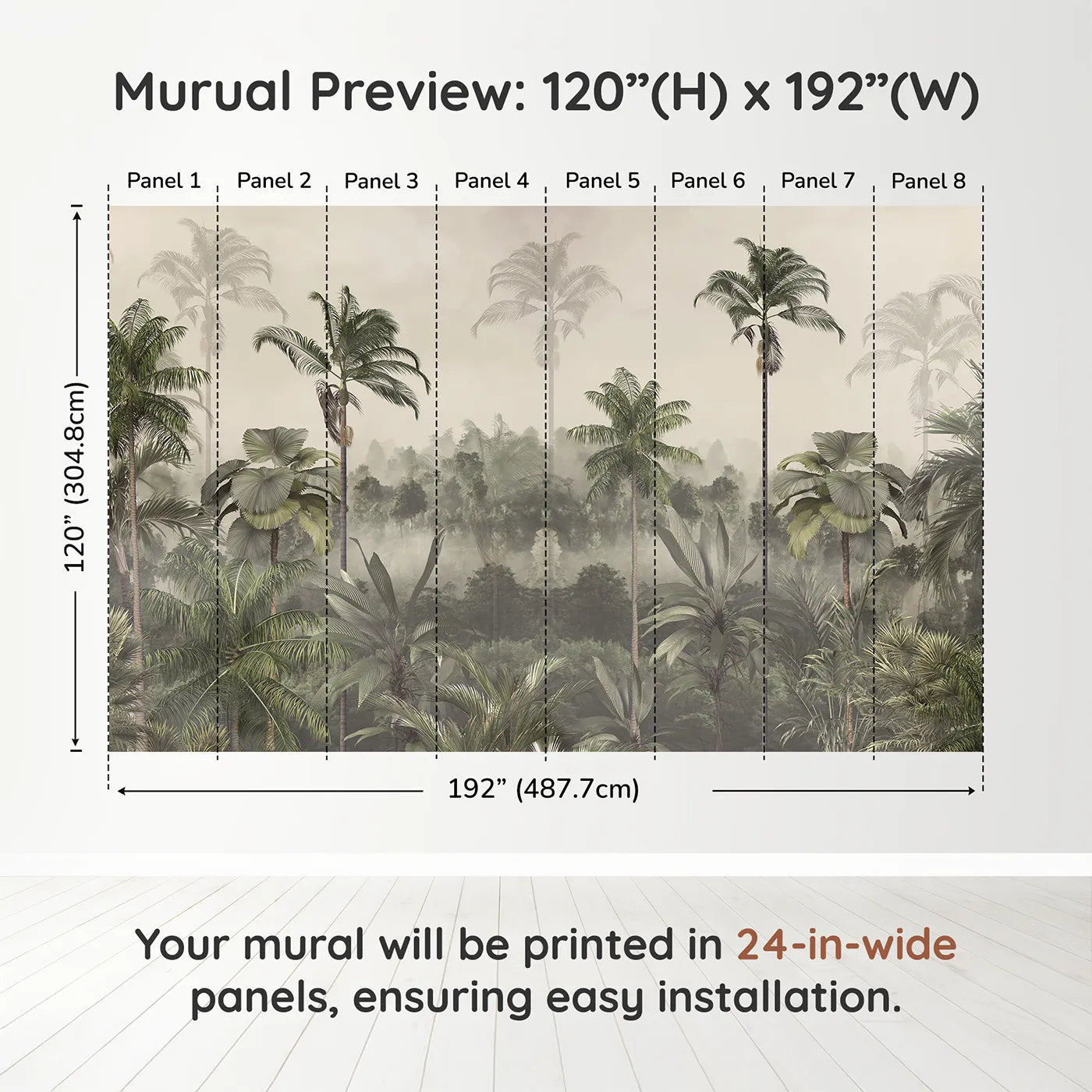 Whimsy Tots Misty Jungle Canopy Wall Muraldimension view (120" H x 192" W). Printed in eight 24-inch-wide panels. Gender-Neutral