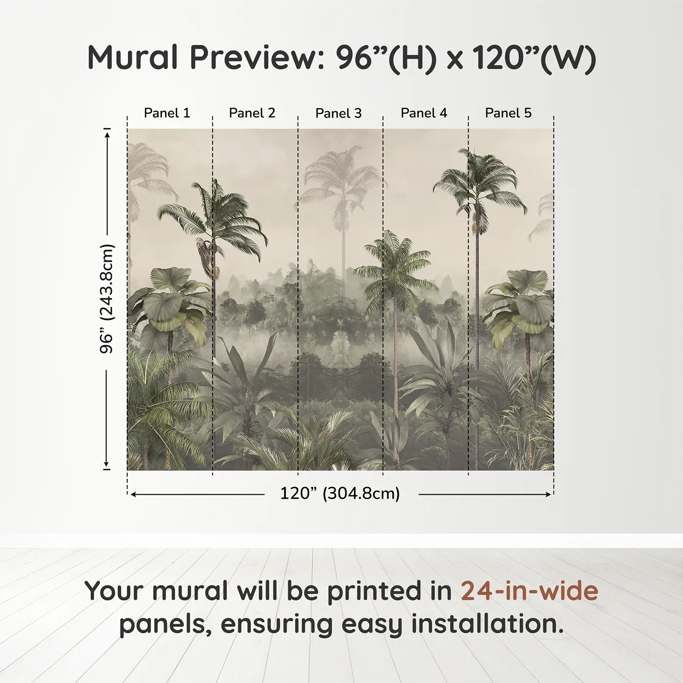Whimsy Tots Misty Jungle Canopy Wall Muraldimension view (96" H x 120" W). Printed in five 24-inch-wide panels. Gender-Neutral