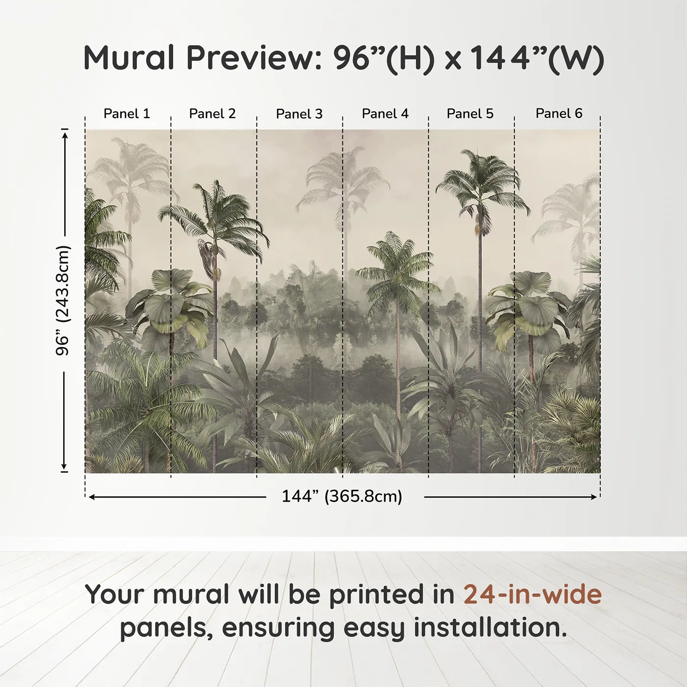 Whimsy Tots Misty Jungle Canopy Wall Muraldimension view (96" H x 144" W). Printed in six 24-inch-wide panels. Gender-Neutral