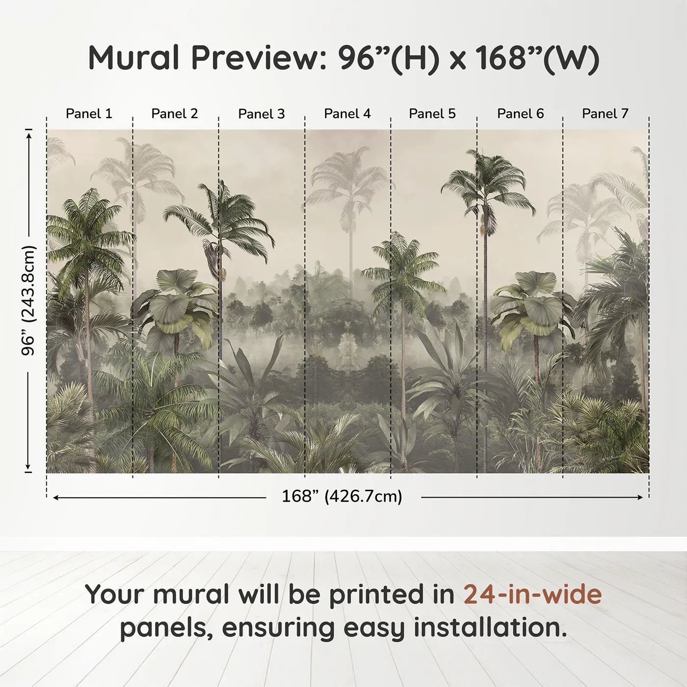 Whimsy Tots Misty Jungle Canopy Wall Muraldimension view (96" H x 168" W). Printed in seven 24-inch-wide panels. Gender-Neutral