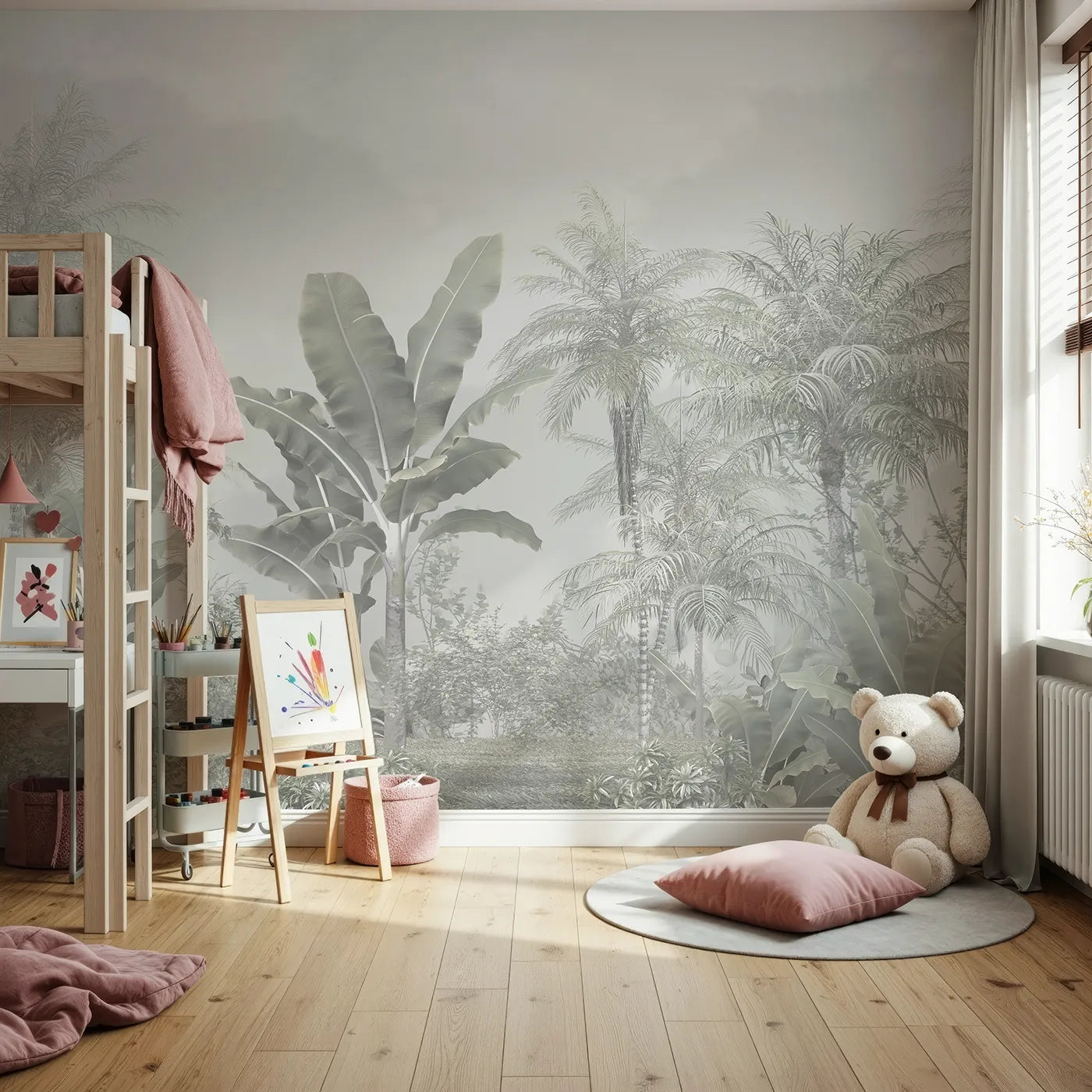 Front view of Whimsy Tots' Misty White Jungle Wall Mural